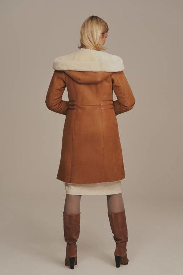 Dámský zimní kožený kabát s kapucí - Kabát dubeňák