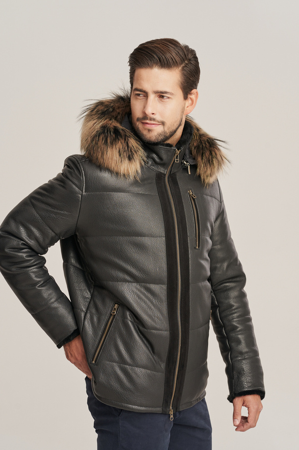 Pánská zimní černá kožená bunda s kapucí